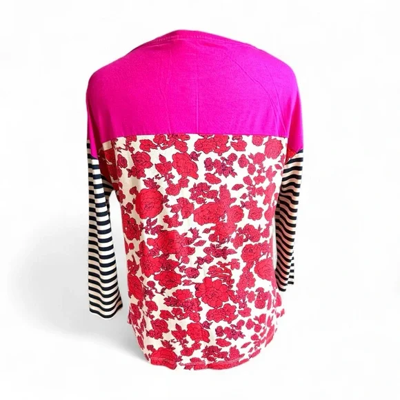 NWOT Colorblock Floral and Striped Long Sleeve Top - Magenta and Strawberry - Picture 5 of 8